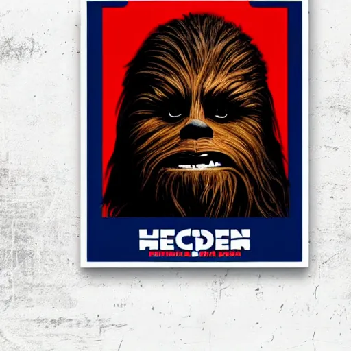 Image similar to chewbacca presidential election poster showing close up of chewbacca face red and blue duotone screenprint by sheperd fairey