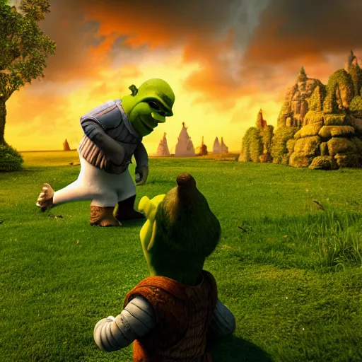 Image similar to shrek going to heaven, highly detailed, high quality, hd, 4 k, 8 k, canon 3 0 0 mm, professional photographer, 4 0 mp, lifelike, top - rated, award winning, realistic, sharp, no blur, edited, corrected, trending