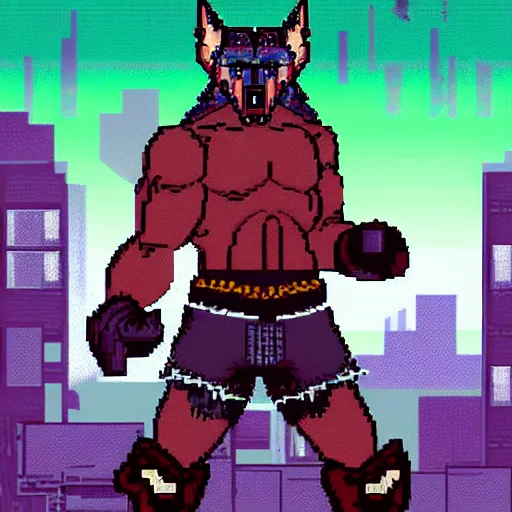 Image similar to full body portrait. 8 bit nes graphics. antropomorphic muscular masculine wolf. kickboxer fighter, in shorts. wolf head. furr on body. side view. postapocalyptic night city on background