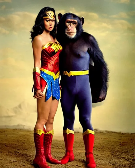 a Chimpanzee dressed as Wonder Woman stands next to | Stable Diffusion