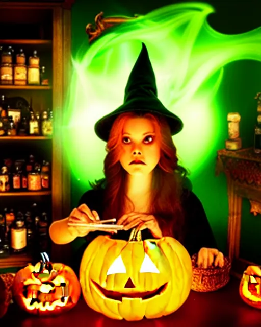 Image similar to close up portrait, serious teen witch mixing a spell in a cauldron, a cat is on the table, jack o lantern, wispy smoke fills the air, a witch hat, cinematic, green glowing smoke is coming out of the cauldron, strange ingredients on the table, strange apothecary shelves in the background, goosebumps movie