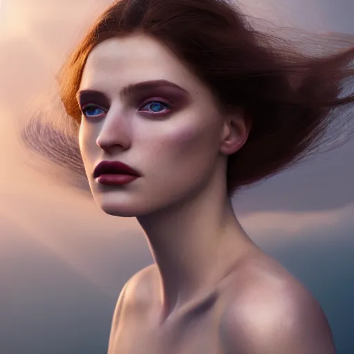 Image similar to photographic portrait of a stunningly beautiful renaissance female, white lips and dark eye shadow, in soft dreamy light at sunset, god rays, contemporary fashion shoot, by edward robert hughes, annie leibovitz and steve mccurry, david lazar, jimmy nelsson, breathtaking, 8 k resolution, extremely detailed, establishing shot, artistic, hyperrealistic, perfect face, octane render