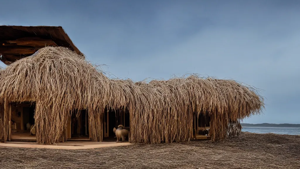 Prompt: architectural photography of a house made of driftwood, natural and organic and flowing, on the coast, wide angle, shot from a low angle, great lighting, cinematic. inhabited by a family of capybaras.