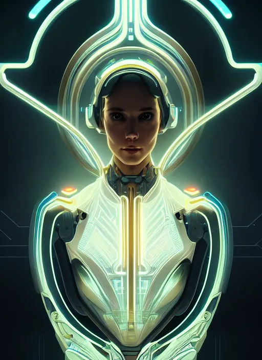 Image similar to symmetry!! portrait of robot, sci - fi, tech wear, glowing lights!! intricate, elegant, highly detailed, digital painting, artstation, concept art, smooth, sharp focus, illustration, art by artgerm and greg rutkowski and alphonse mucha