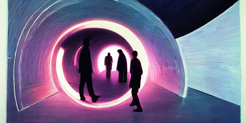 Image similar to a beautiful painting of a person walking out of a stargate by syd mead 8 k particulate neon light film grain