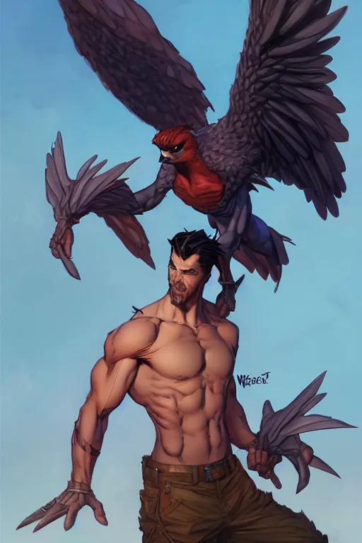 Image similar to character art by wlop, steve henderson, and j scott campbell, gooseman, male hero, goose head, wings, 4 k, arstation, trending, high quality, very detailed, digital