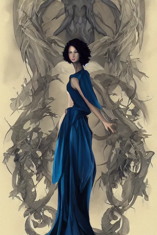 Image similar to in the style of peter mohrbacher, artgerm, beautiful caitriona balfe, outlander, full body, blue dress, elegant pose, middle shot, spooky, detailed realisitc eyes, detailed realistic eyes, detailed and intricate