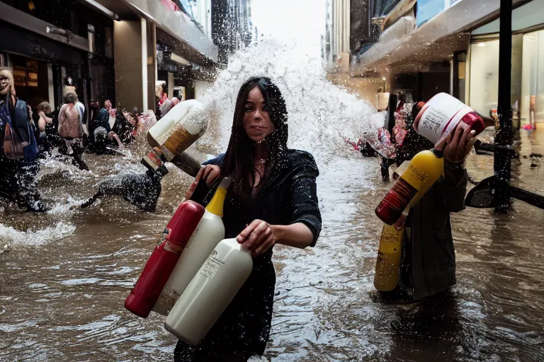 Image similar to closeup portrait of a woman carrying bottles of wine over her head in a flood in Rundle Mall in Adelaide in South Australia, photograph, natural light, sharp, detailed face, magazine, press, photo, Steve McCurry, David Lazar, Canon, Nikon, focus