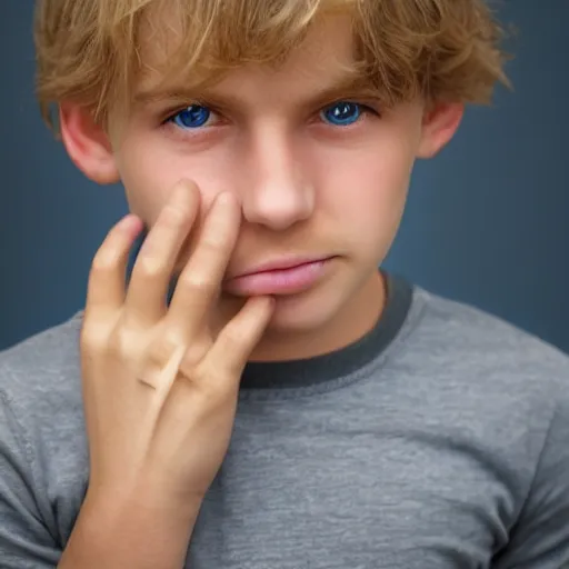Image similar to portrait of a boy with his hand on his face, extremely realistic and real, photorealistic, blonde hair and blue eyes, detailed facial structure, real eyes that are detailed, real hands