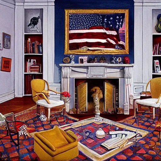 Image similar to a surreal, very very detailed painting of a living room where the floor, the walls, and everything else covered in hillary clinton's face