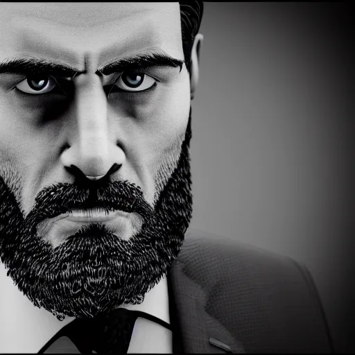 Image similar to bearded rugged man, noir detective, suit and tie, 4 k, photo realistic, black and white