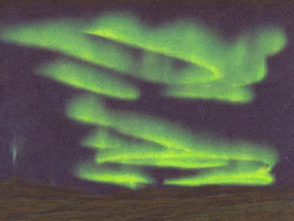 Image similar to northern lights in the art style of Theodor Kittelsen