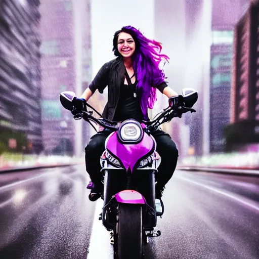 Prompt: perfect portrait of a realistic girl rding a motorbike in a light rain with violet punk hair in a city with skyscrapers , hyperrealistic painting , perfect an wild face