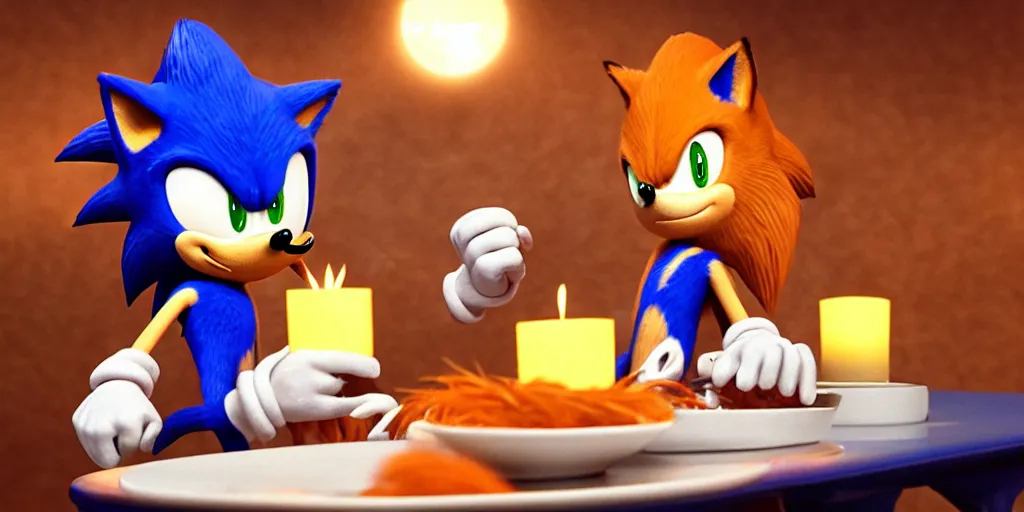 Image similar to A render of Sonic the Hedgehog sitting across from Tails the Fox in a dark restaurant, Sonic looks like he is shocked, Tails is looking away in disgust, they both have spaghetti in front of them on a plate, movie, HDR, moody lighting, unique camera angle from the end of the table and between the two of them, orange candle lighting is glowing on their faces, romantic scene