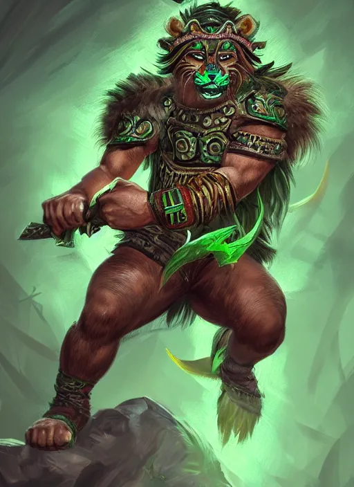 Prompt: a highly detailed illustration of fierce young aztec jaguar warrior boy wearing green jaguar mane, heroic roaring wielding aztec sword pose, muscular, intricate, elegant, highly detailed, centered, digital painting, artstation, concept art, smooth, sharp focus, league of legends concept art, wlop