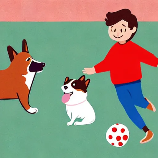 Image similar to illustration of boy playing football with a corgi wearing a polkadot scarf on the streets of paris