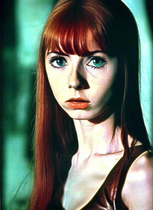 Prompt: 1973 film still from an Italian drama film of a bemused teenage Karen Gillan as the goddess of black leather staring intently at you. focused on her eyes. ultra detailed painting at 16K resolution and amazingly epic visuals. epically beautiful image. amazing effect, image looks gorgeously crisp as far as it's visual fidelity goes, absolutely outstanding. vivid clarity. ultra. iridescent. mind-breaking. mega-beautiful pencil shadowing. beautiful face. Ultra High Definition. godly shading. amazingly crisp sharpness. photorealistic film cel processed twice..