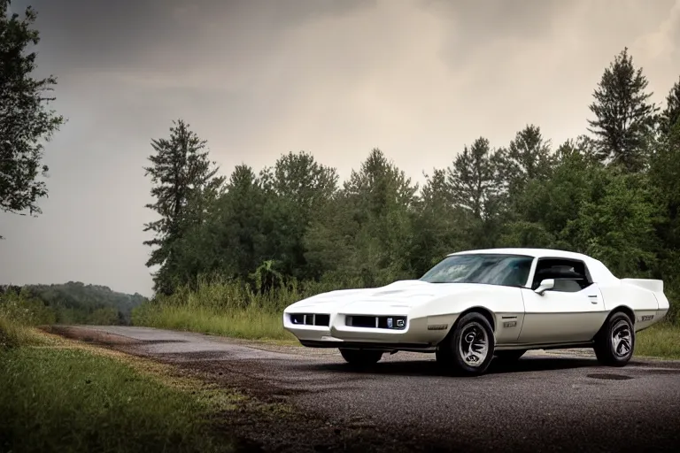 Image similar to pontiac firebird with white paint, cat inside car, sunrise, eerie light, fireflies, dog watching the car, dramatic, cinematic, forest, horror, sunbeams, volumetric lighting, wide shot, low angle, lightning storm hitting the car, ground cracking open to reveal a portal to hell