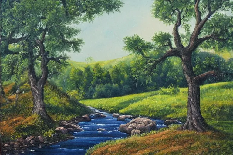 Image similar to masterpiece painting of oak trees on a hillside overlooking a creek, dramatic lighting, by jane graverol