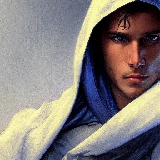 Image similar to ultra realistic illustration, a young man in a white hood, with brown hair, with blue eyes, intricate, elegant, highly detailed, digital painting, artstation, concept art, smooth, sharp focus, illustration, art by artgerm and greg rutkowski and alphonse mucha