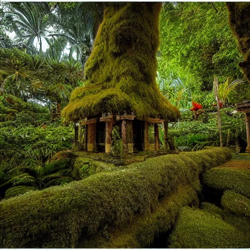 Image similar to a jungle temple surrounded by moss and tropical flowers, with a sunset, by alex horley, bokeh photography