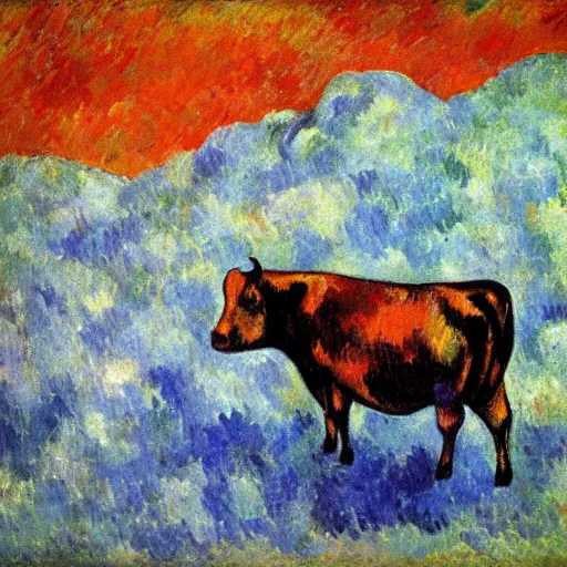 Prompt: a cow is running on the cloud, post - impressionism, cezanne, gaugin, van gogh, seurat, mid shot ， - h 1 0 2 4