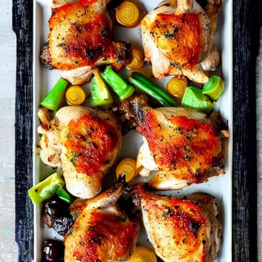 Prompt: delicious platter of roasted chicken thighs.