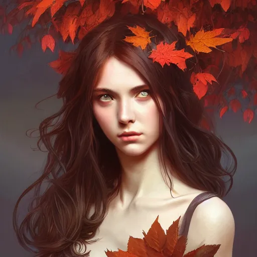 Image similar to girl with super long hair, hair becoming autumn red leaves, intricate, highly detailed, digital painting, artstation, concept art, smooth, sharp focus, illustration, unreal engine 5, 8 k, art by artgerm and greg rutkowski and alphonse mucha