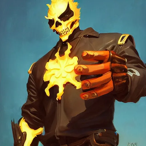 Image similar to greg manchess portrait painting of ghost rider as overwatch character, medium shot, asymmetrical, profile picture, organic painting, sunny day, matte painting, bold shapes, hard edges, street art, trending on artstation, by huang guangjian and gil elvgren and sachin teng