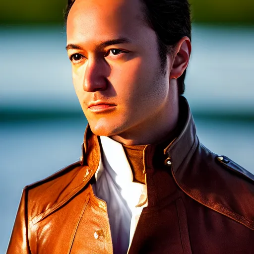 Image similar to modern day alexander hamilton closeup portrait, dramatic light, lake background, 2 0 0 mm focal length, aperture, iso, photograph, flicker, 8 k