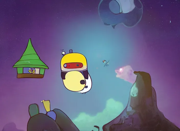 Prompt: a realistic photograph of Beemo from adventure time playing with a penguin, photorealistic, photograph, in a treehouse purple sky