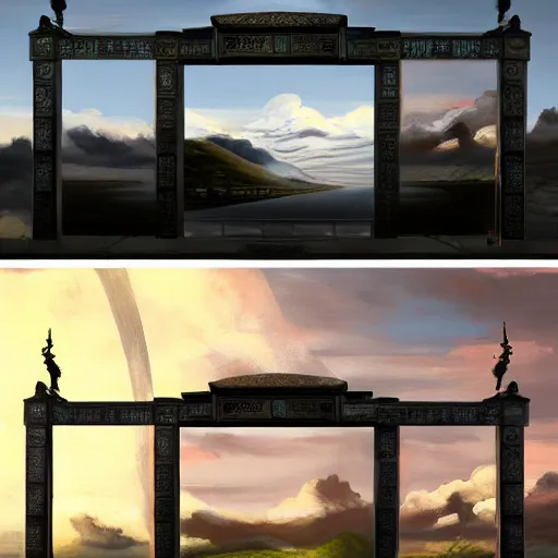 Prompt: Establishing shot of the Gate of Three Skies, digital art, Establishing shot of the Gate of Three Skies, trending on ArtStation, Establishing shot of the Gate of Three Skies, by Charles Sheeler and ArtGerm, photorealism, style of aetherpunk, Establishing shot of the Gate of Three Skies, arborescent architecture