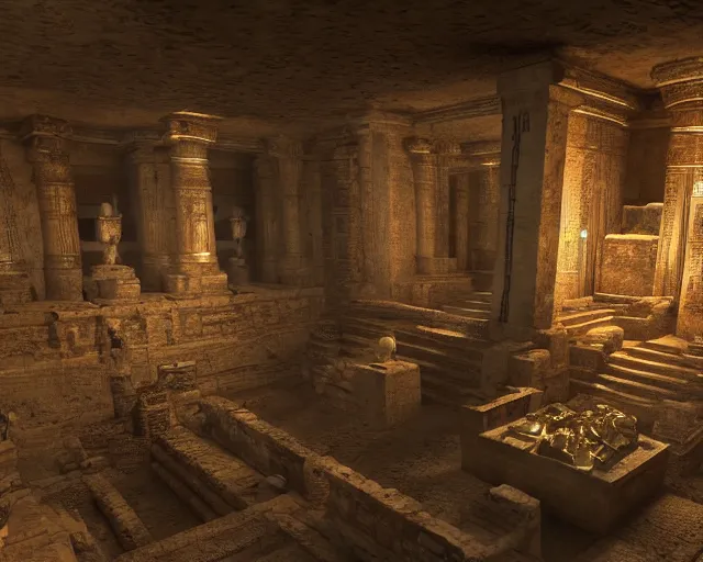 Image similar to screenshot of tomb raider ps 5, an ancient undiscovered egyptian treasure room entirely made of shiny gold, full of ingots and gems and precious, concept art, architecture design, pyramids style, rtx, nvidia, renderer