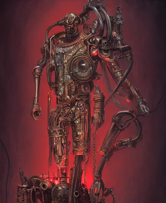 Image similar to steampunk style JoJo stand, red neon lights, evil armour, by HR Giger and Beksiński and Stephan Martiniere , 4k resolution, detailed, trending on artstation