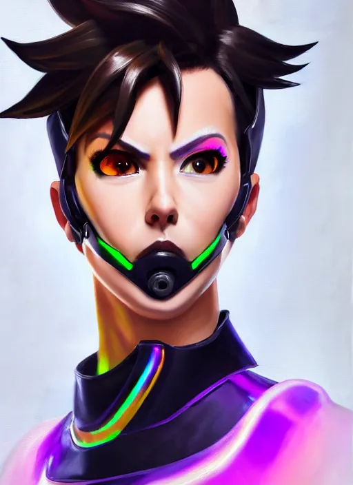 Image similar to overwatch style oil painting portrait of tracer overwatch, confident pose, wearing black iridescent rainbow latex, rainbow, neon, 4 k, expressive surprised expression, makeup, wearing detailed black leather collar, wearing sleek armor, studio lighting, black leather harness, expressive detailed face and eyes,