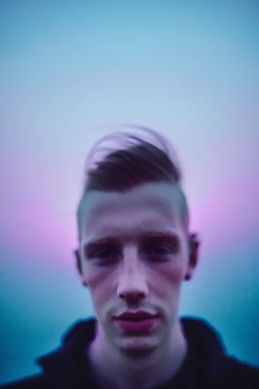 Image similar to high quality pastel coloured film mid angle selfie photograph of a young beautiful man standing in an icelandic black rock environment. atmospheric. three point light. photographic. art directed. ( pastel colours ). volumetric light. stark. waves glitch. 8 k. filmic.