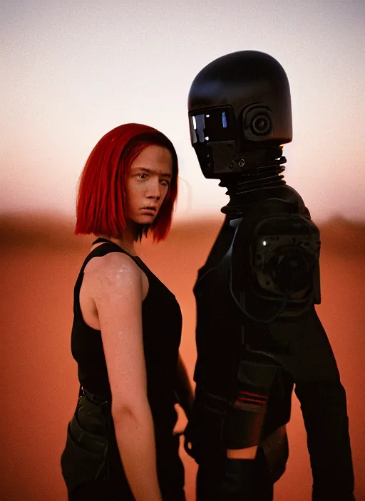 Image similar to cinestill 5 0 d photographic portrait of two loving androids, beautiful women wearing rugged black techwear on a desolate plain with a red sky, extreme closeup, lizard on ground, cyberpunk style, in front of a brutalist dark metal facility, dust storm, 3 5 mm, 8 k, f / 3 2, high resolution, ultra realistic faces