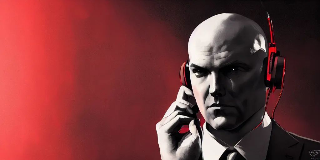 Image similar to a portrait of agent 4 7 from hitman wearing headphones listening to music, dark background, red rim light, smooth, sharp focus, art by ali kiani amin