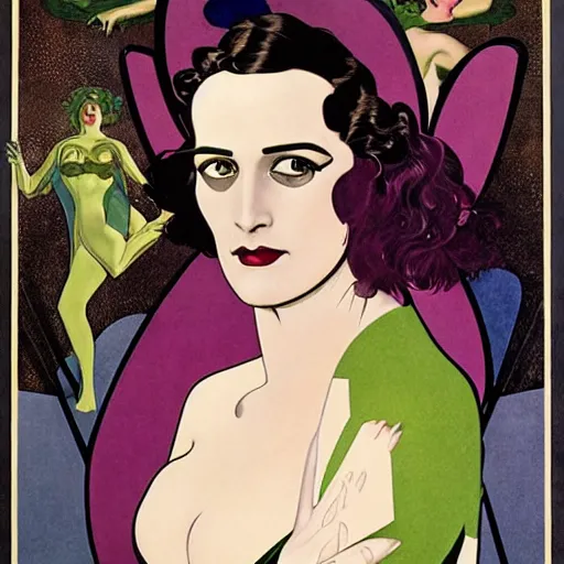 Prompt: Eva Green is Metamorpho, the Element Woman, Art by Coles Phillips, Chalk white skin, deep purple hair, Green eyes, Portrait of the actress, Eva Green as Metamorpho, art deco, Alphonse Mucha, carbon black and antique gold