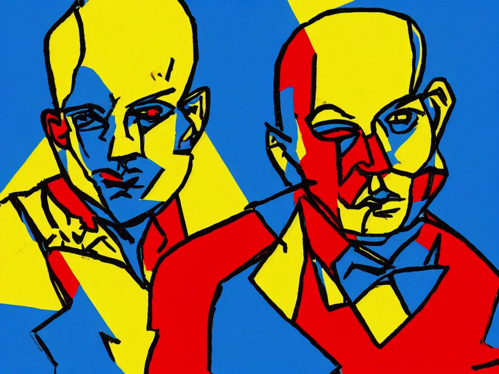 Image similar to three thick lines of blue yellow and red trace a retro decadent style across a mans face. he is bald as a billiard ball