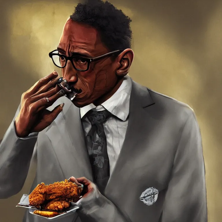 Image similar to concept art of Gustavo Fring from Breaking Bad ominously eating a fried chicken, trending on artstation, extremely detailed, cinematic lighting, cinematic angles, 8k, horror