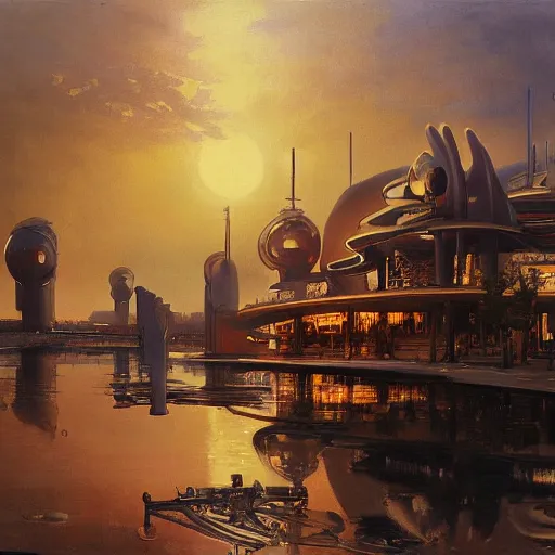 Image similar to painting of syd mead artlilery scifi organic shaped gas station with ornate metal work lands on a body of water, fossil ornaments, volumetric lights, red sun, andreas achenbach