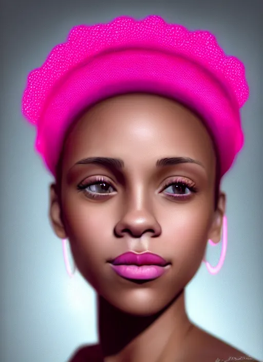 Image similar to portrait of teenage vanessa morgan with bright pink hair, black girl, vanessa morgan, curly pixie cut hair, wearing newsboy cap, newsboy cap, hoop earrings, intricate, elegant, glowing lights, highly detailed, digital painting, artstation, concept art, smooth, sharp focus, illustration, art by wlop, mars ravelo and greg rutkowski