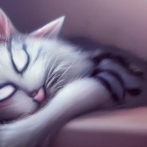 Prompt: cute cat sleeping in bed, low detail, anime art, artstation, 4k