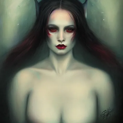 Image similar to portrait of a female demon, by tom bagshaw