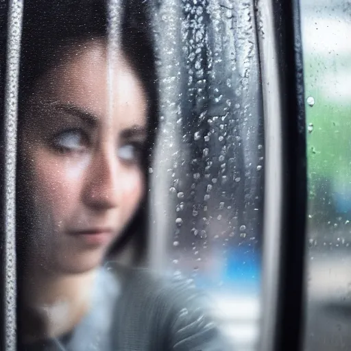 Image similar to Cinematic portrait photo of a woman looking through the window of a bus on a rainy day, long exposure