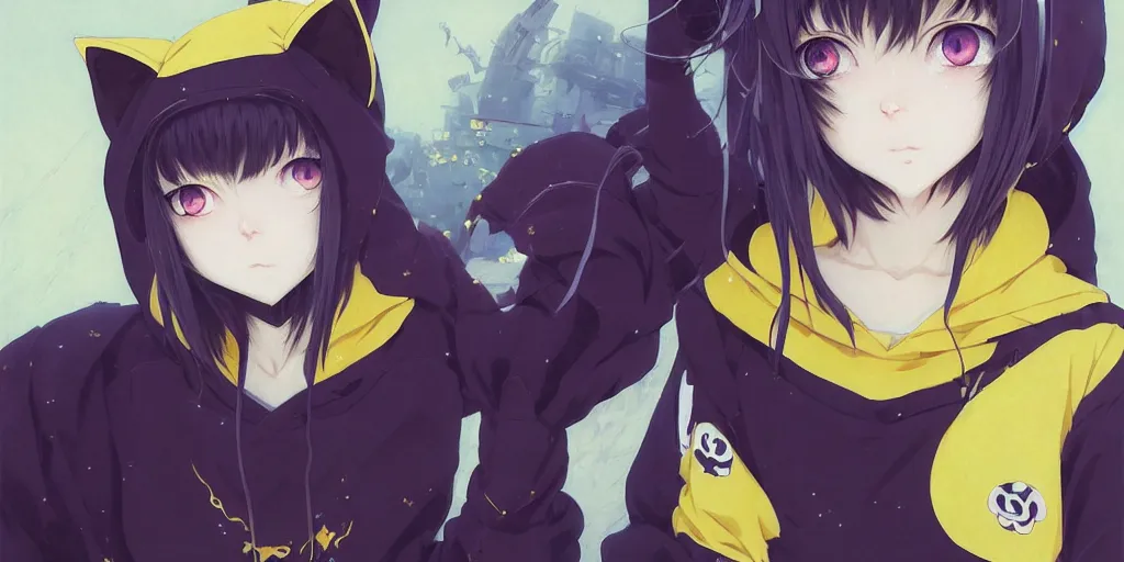 Image similar to with yellow eyes, a beautiful anime cyborg - girl wearing a cat hoodie, wlop, ilya kuvshinov, artgerm, krenz cushart, greg rutkowski, hiroaki samura, range murata, james jean, katsuhiro otomo, erik jones, serov, surikov, vasnetsov, repin, kramskoi