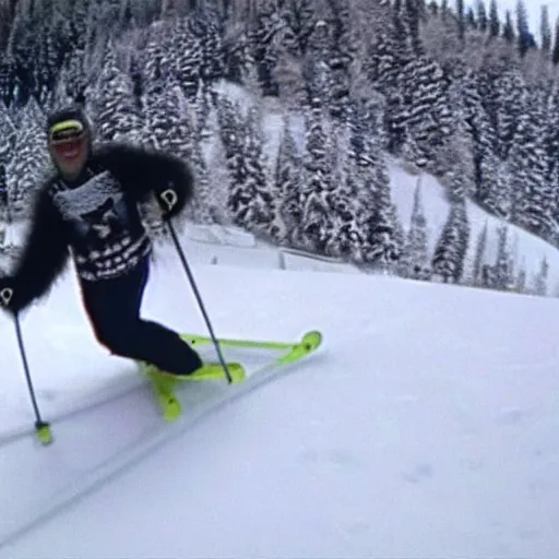 Prompt: GoPro footage of Bigfoot skiing in rad 1990s gear