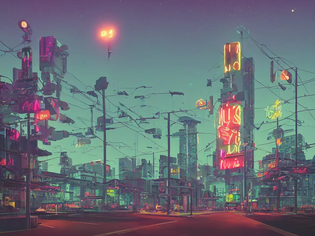 Prompt: tall futuristic buildings, billboards and neonsigns by night, stars and plantes by Yusei Uesugi and Simon Stålenhag