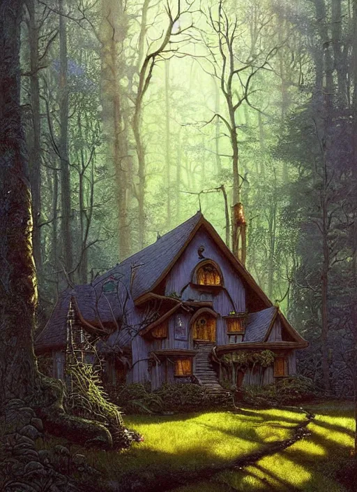 Image similar to hyper realistic witch cottage with mood lighting and technology in the woods gorgeous lighting, sunbeams blue sky, highly detailed, lush forest foliage painting by zdzisław beksinski and norman rockwell and greg rutkowski weta studio, and lucasfilm